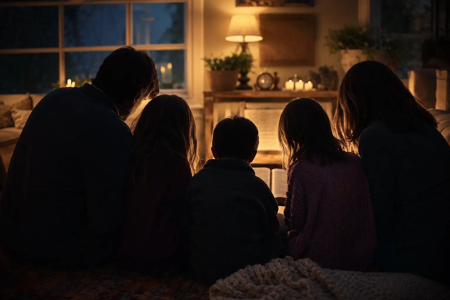 A family gathered closely in prayer around an open Bible