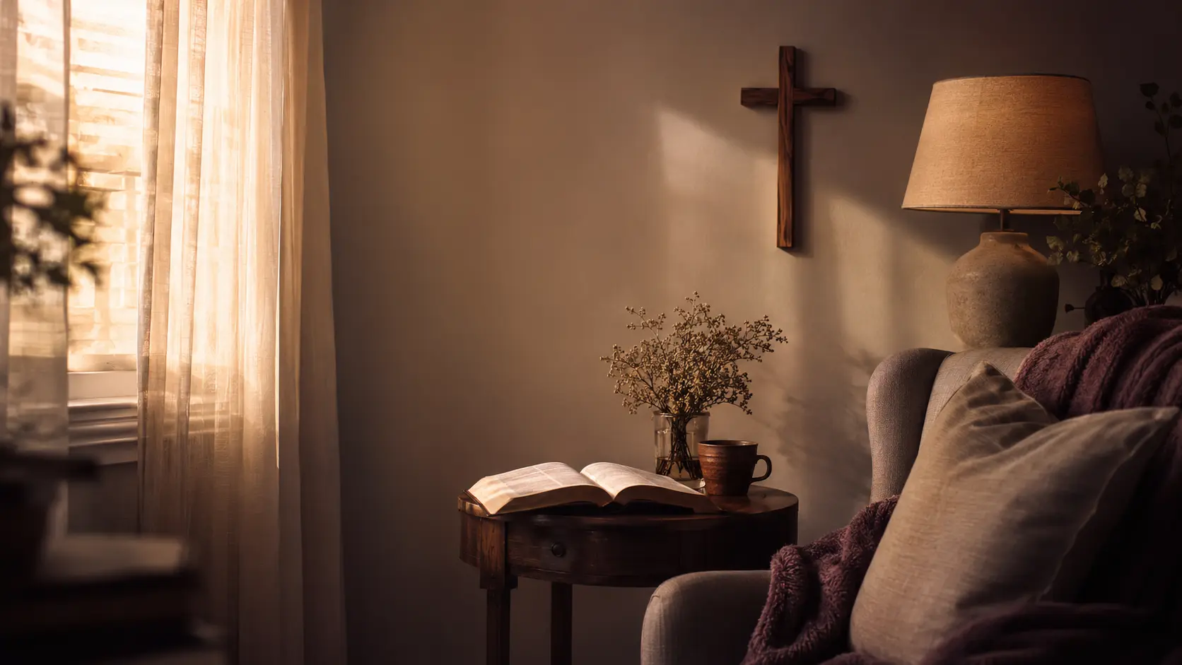 A quiet prayer sanctuary with warm lamp light, soft curtains, and an open Bible on the table