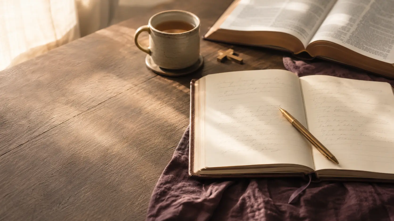 An open prayer journal beside a Bible and a simple wooden cross